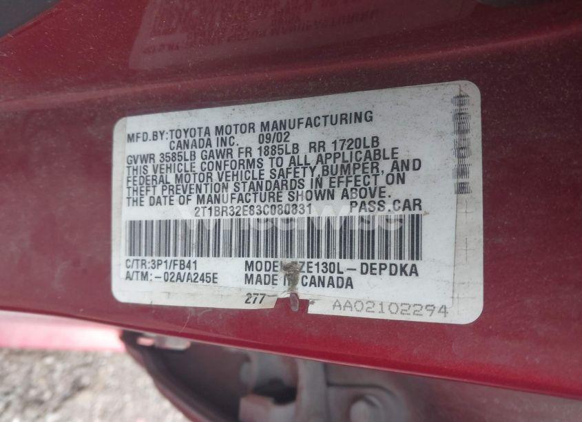 Photo 9 of 2003 Toyota Corolla CE (VIN 2T1BR32E83C080831)