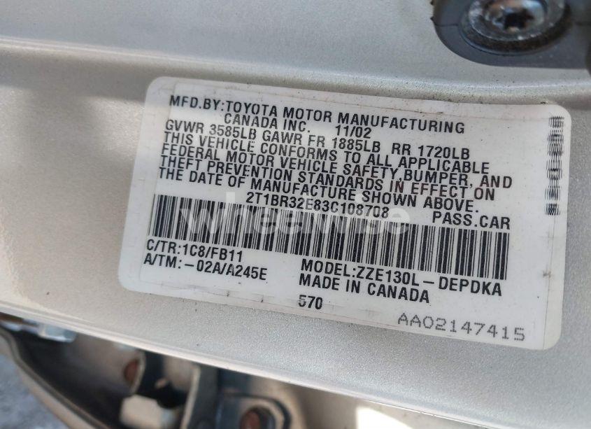 Photo 9 of 2003 Toyota Corolla CE (VIN 2T1BR32E83C108708)