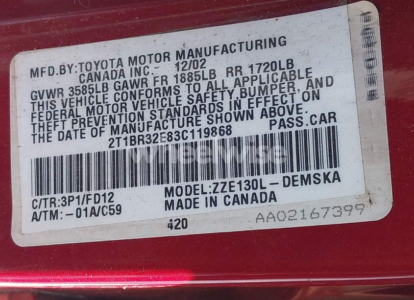 Photo 9 of 2003 Toyota Corolla S (VIN 2T1BR32E83C119868)