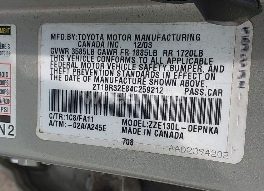 Photo 9 of 2004 Toyota Corolla LE (VIN 2T1BR32E84C259212)