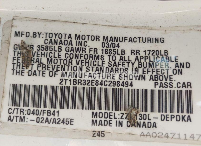 Photo 9 of 2004 Toyota Corolla CE (VIN 2T1BR32E84C298494)