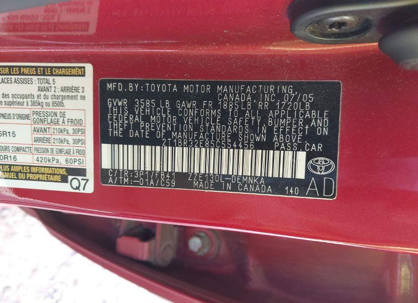 Photo 9 of 2005 Toyota Corolla LE (VIN 2T1BR32E85C554456)