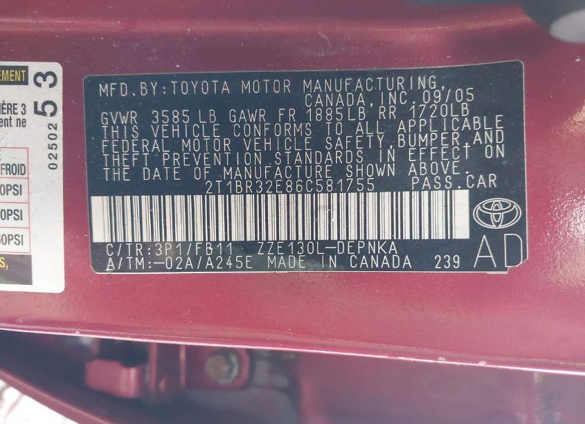 Photo 9 of 2006 Toyota Corolla LE (VIN 2T1BR32E86C581755)