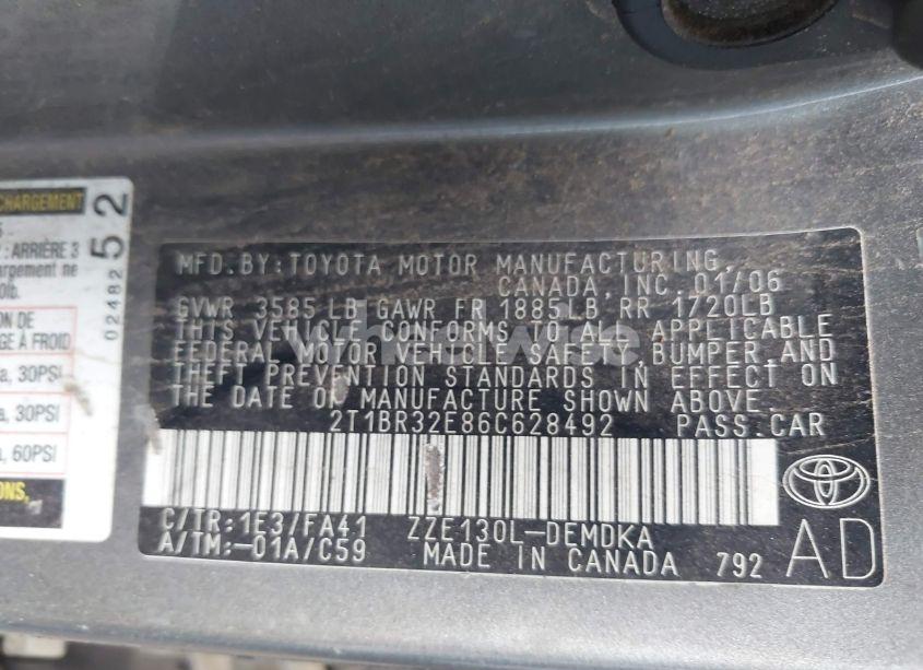 Photo 9 of 2006 Toyota Corolla CE (VIN 2T1BR32E86C628492)