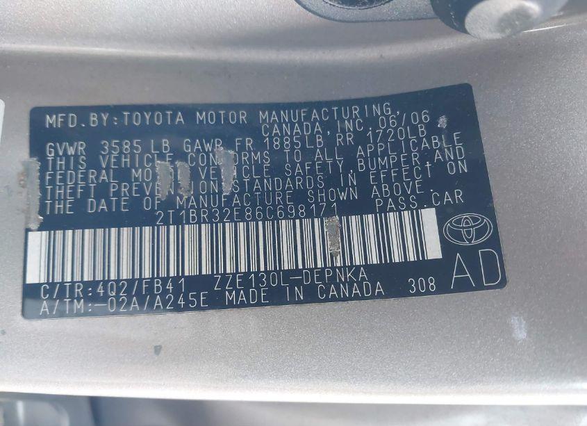 Photo 9 of 2006 Toyota Corolla LE (VIN 2T1BR32E86C698171)