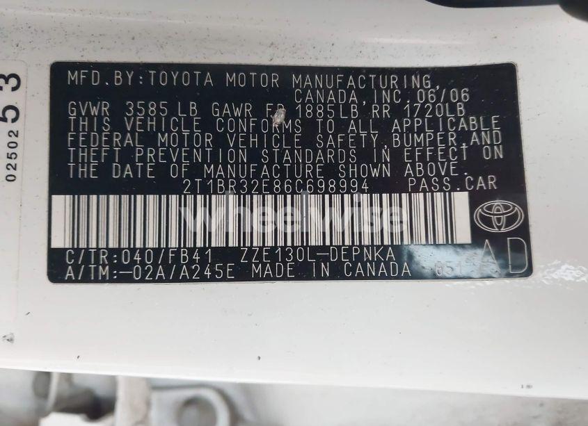 Photo 9 of 2006 Toyota Corolla LE (VIN 2T1BR32E86C698994)