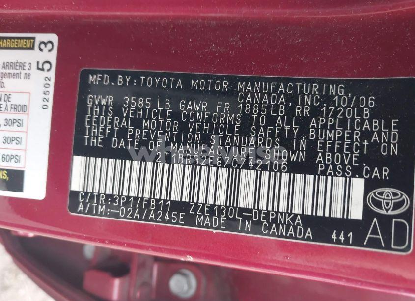 Photo 9 of 2007 Toyota Corolla LE (VIN 2T1BR32E87C742106)