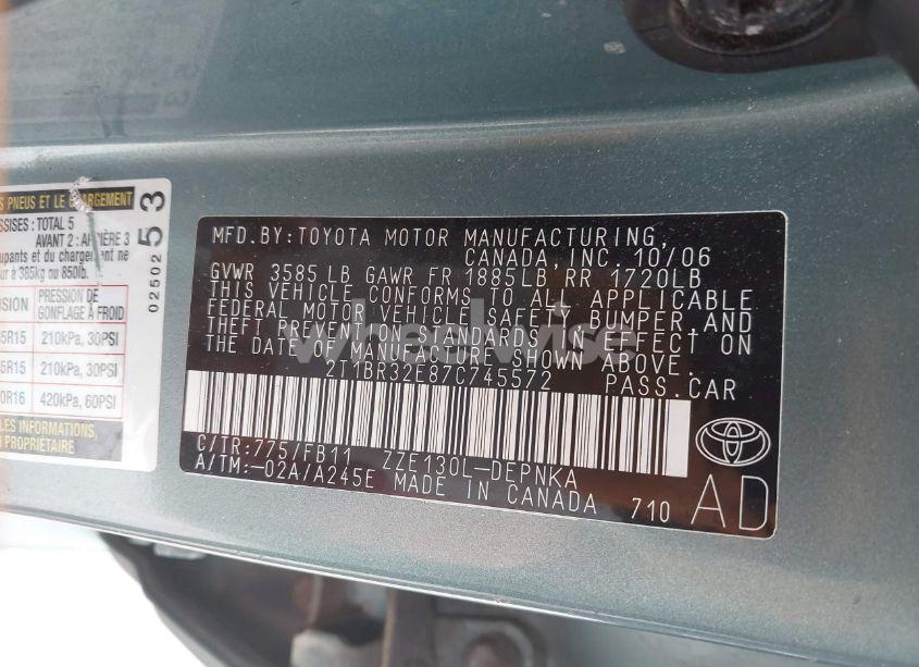 Photo 9 of 2007 Toyota Corolla LE (VIN 2T1BR32E87C745572)