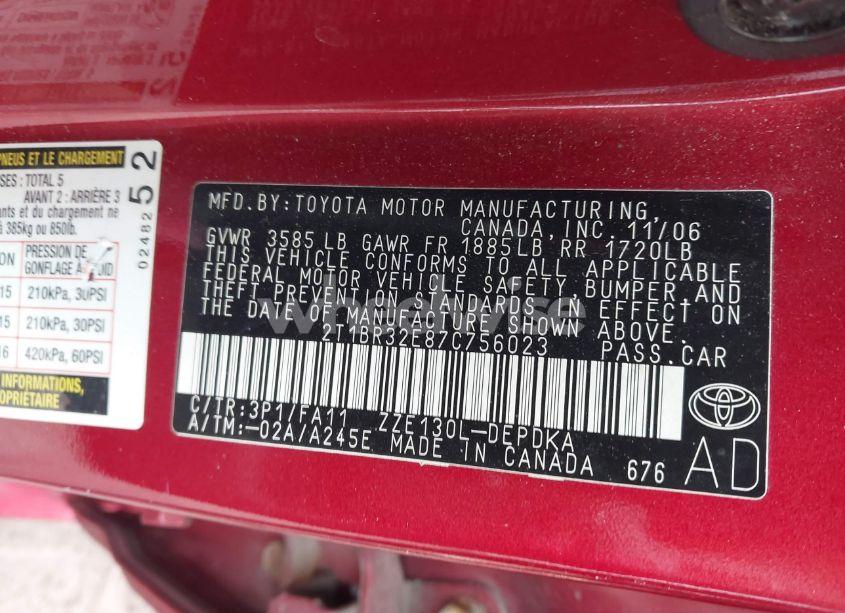 Photo 9 of 2007 Toyota Corolla CE (VIN 2T1BR32E87C756023)