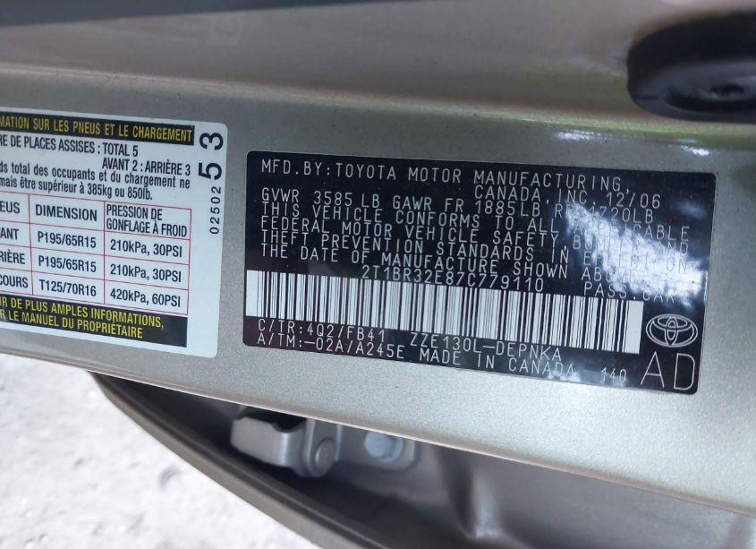 Photo 9 of 2007 Toyota Corolla LE (VIN 2T1BR32E87C779110)