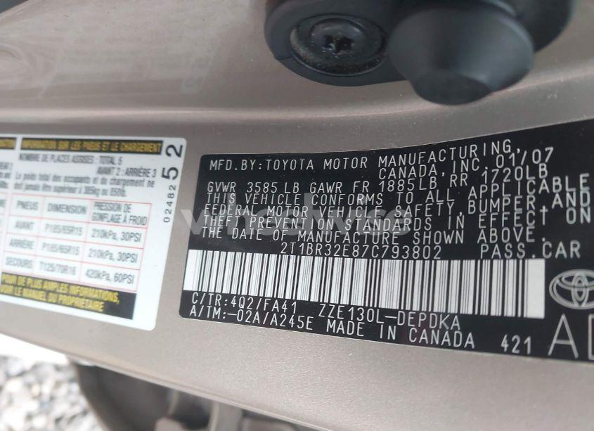 Photo 9 of 2007 Toyota Corolla CE (VIN 2T1BR32E87C793802)