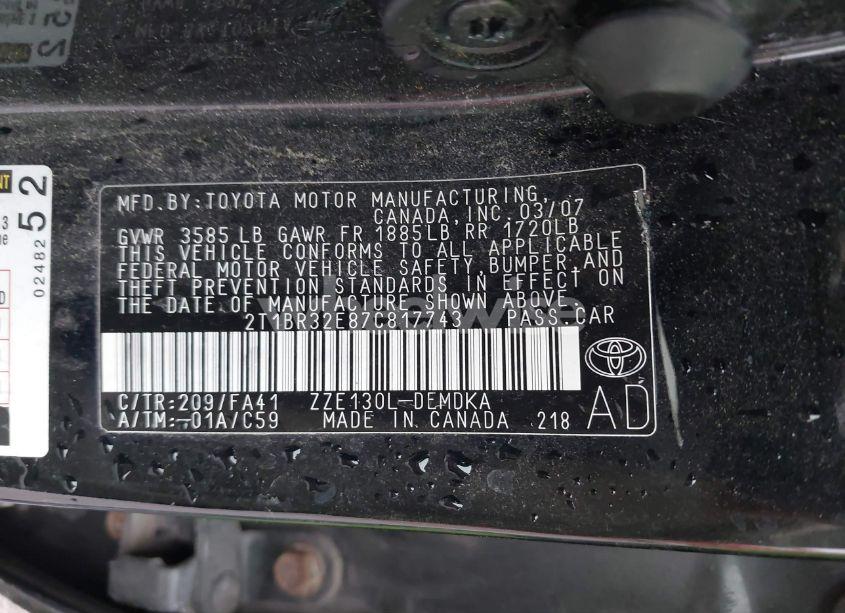 Photo 9 of 2007 Toyota Corolla CE (VIN 2T1BR32E87C817743)