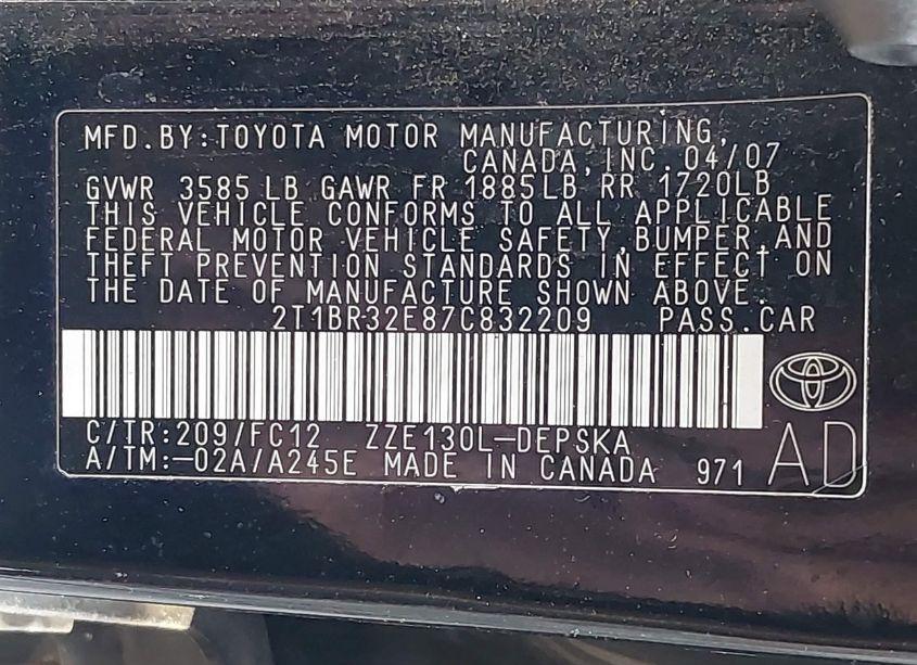 Photo 9 of 2007 Toyota Corolla S (VIN 2T1BR32E87C832209)