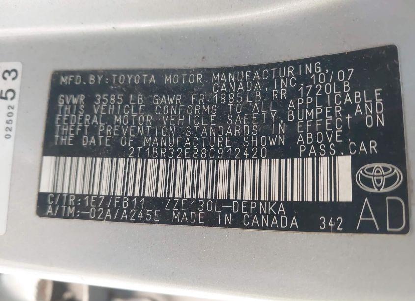 Photo 9 of 2008 Toyota Corolla LE (VIN 2T1BR32E88C912420)