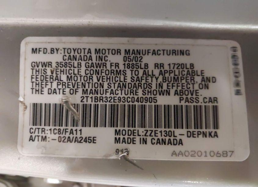 Photo 9 of 2003 Toyota Corolla LE (VIN 2T1BR32E93C040905)