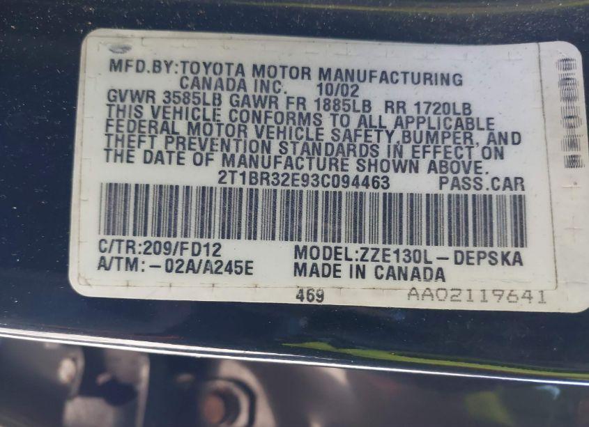 Photo 9 of 2003 Toyota Corolla S (VIN 2T1BR32E93C094463)