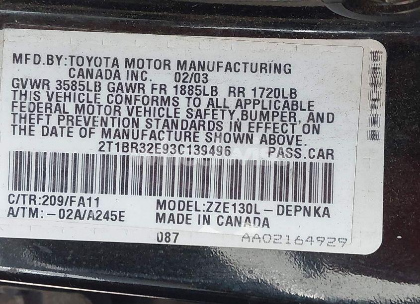 Photo 9 of 2003 Toyota Corolla LE (VIN 2T1BR32E93C139496)