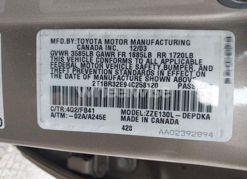 Photo 9 of 2004 Toyota Corolla CE (VIN 2T1BR32E94C258120)