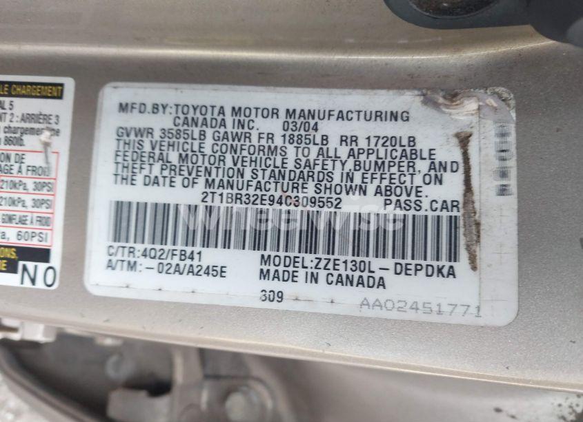 Photo 9 of 2004 Toyota Corolla CE (VIN 2T1BR32E94C309552)