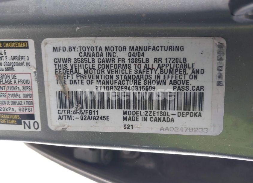 Photo 9 of 2004 Toyota Corolla CE (VIN 2T1BR32E94C315609)