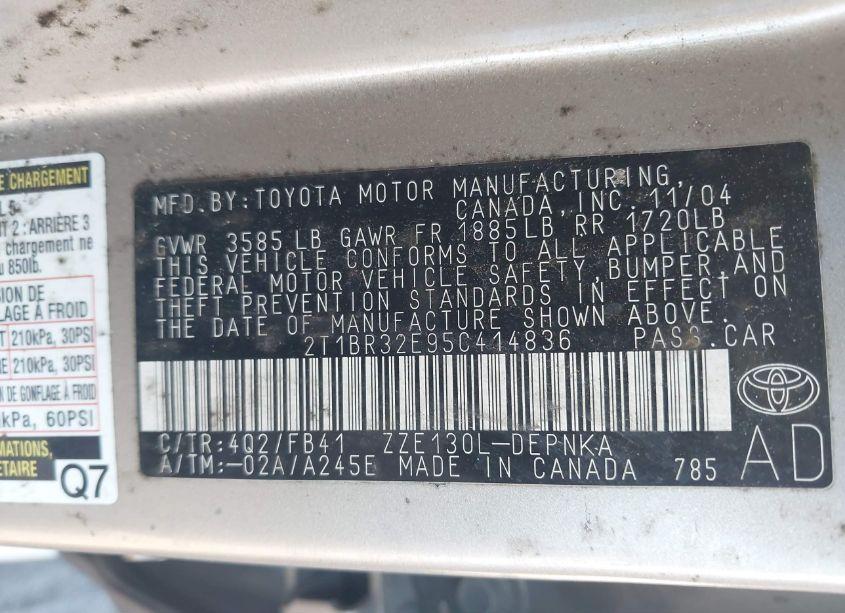 Photo 9 of 2005 Toyota Corolla LE (VIN 2T1BR32E95C414836)