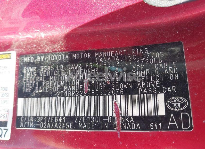 Photo 9 of 2005 Toyota Corolla LE (VIN 2T1BR32E95C552876)