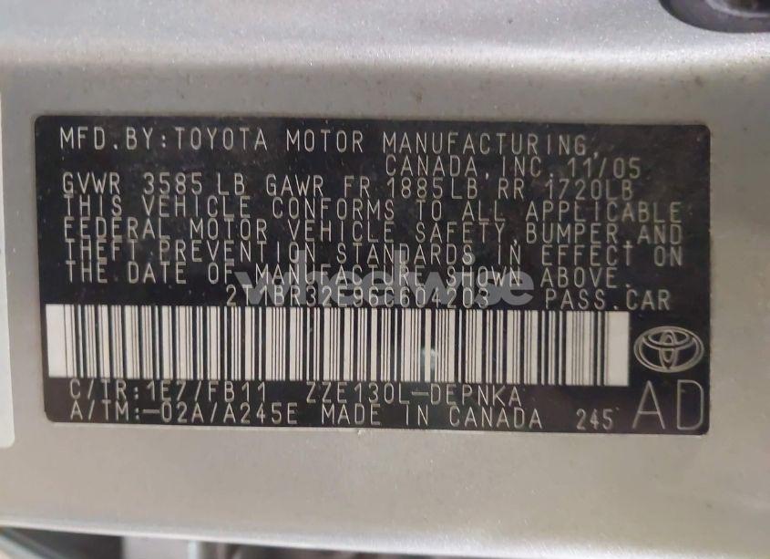 Photo 9 of 2006 Toyota Corolla LE (VIN 2T1BR32E96C604203)