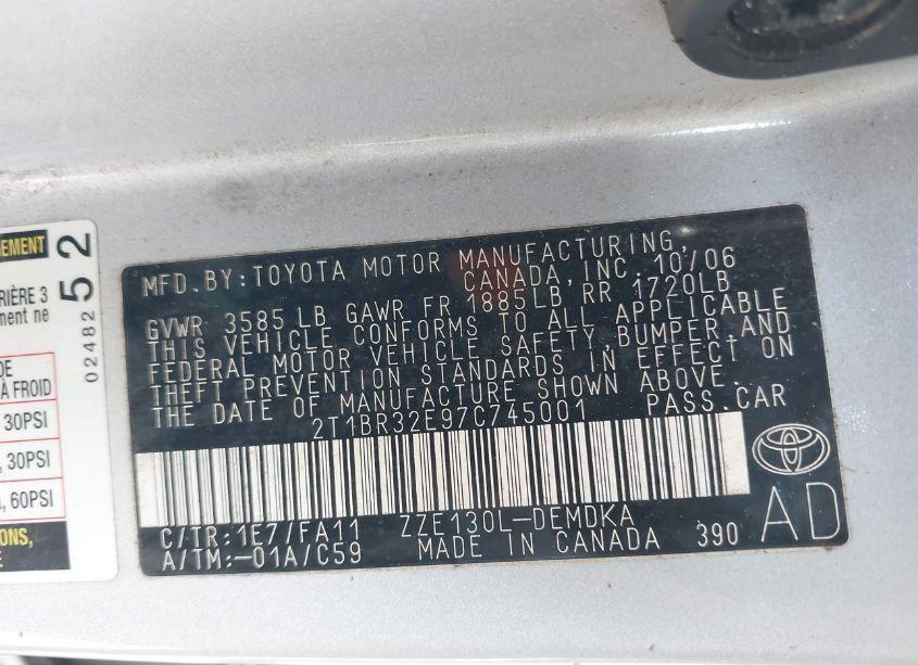 Photo 9 of 2007 Toyota Corolla CE (VIN 2T1BR32E97C745001)