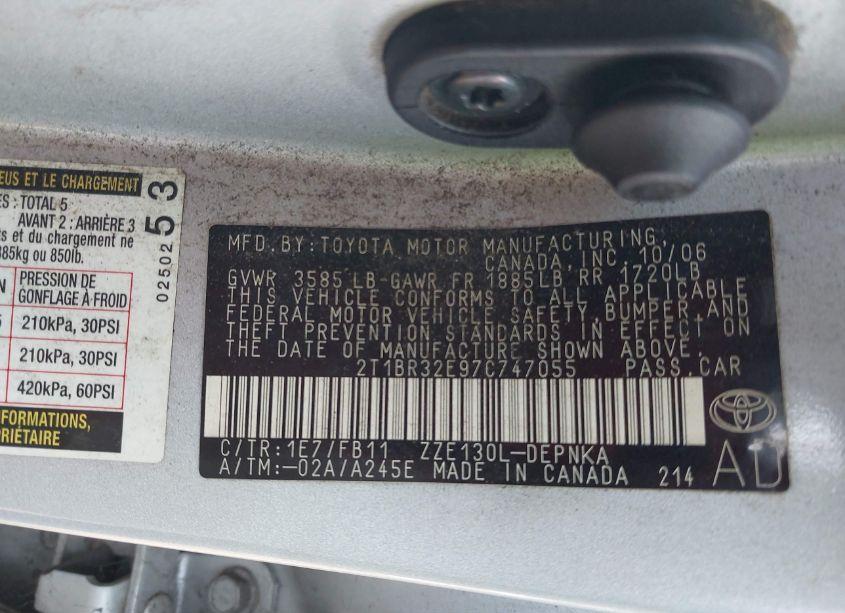 Photo 9 of 2007 Toyota Corolla LE (VIN 2T1BR32E97C747055)