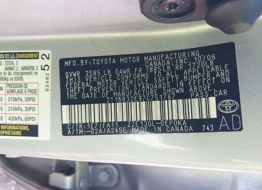 Photo 9 of 2007 Toyota Corolla CE (VIN 2T1BR32E97C751767)