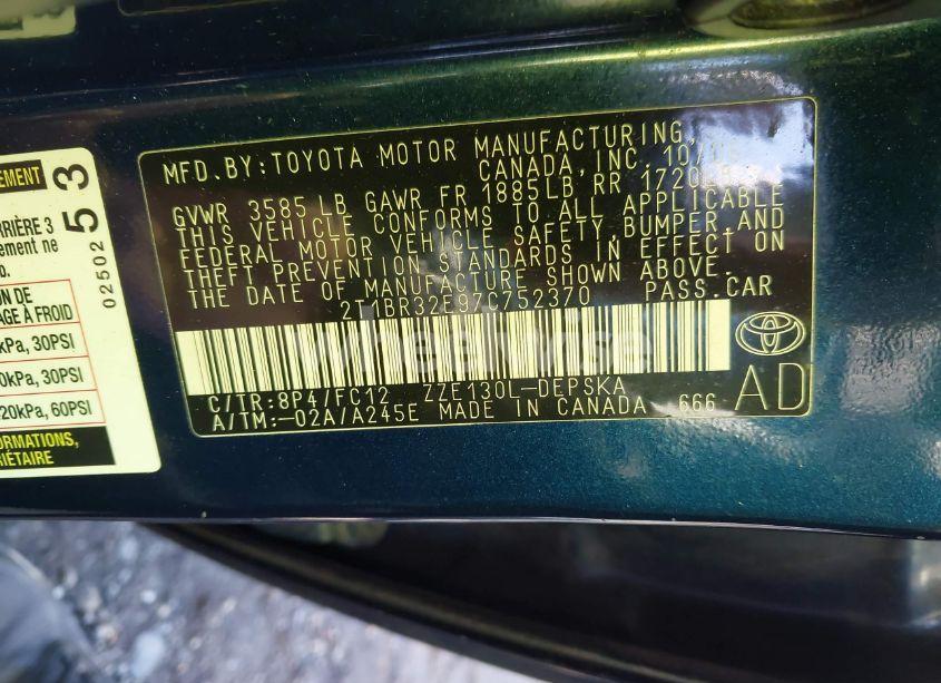 Photo 9 of 2007 Toyota Corolla S (VIN 2T1BR32E97C752370)