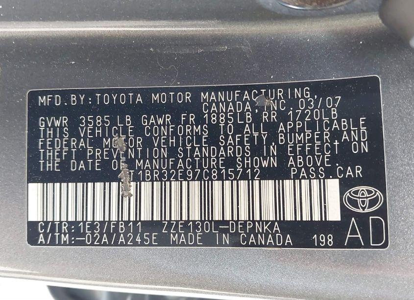 Photo 9 of 2007 Toyota Corolla LE (VIN 2T1BR32E97C815712)