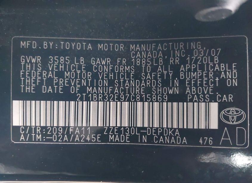 Photo 9 of 2007 Toyota Corolla CE (VIN 2T1BR32E97C815869)