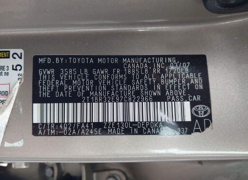 Photo 9 of 2007 Toyota Corolla CE (VIN 2T1BR32E97C822966)