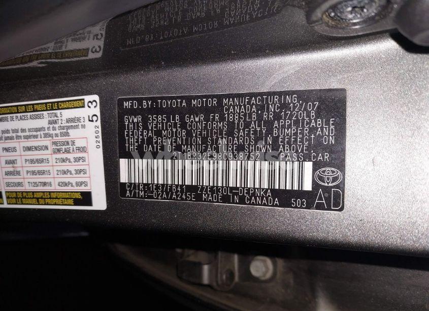 Photo 9 of 2008 Toyota Corolla LE (VIN 2T1BR32E98C938752)