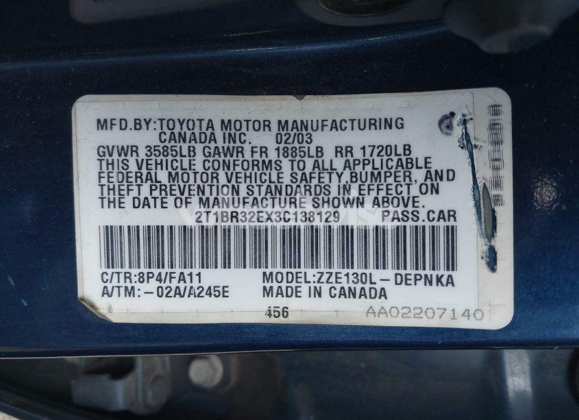 Photo 9 of 2003 Toyota Corolla LE (VIN 2T1BR32EX3C138129)