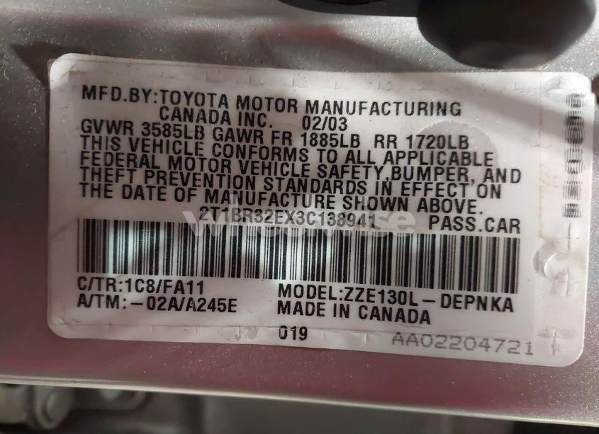 Photo 9 of 2003 Toyota Corolla LE (VIN 2T1BR32EX3C138941)