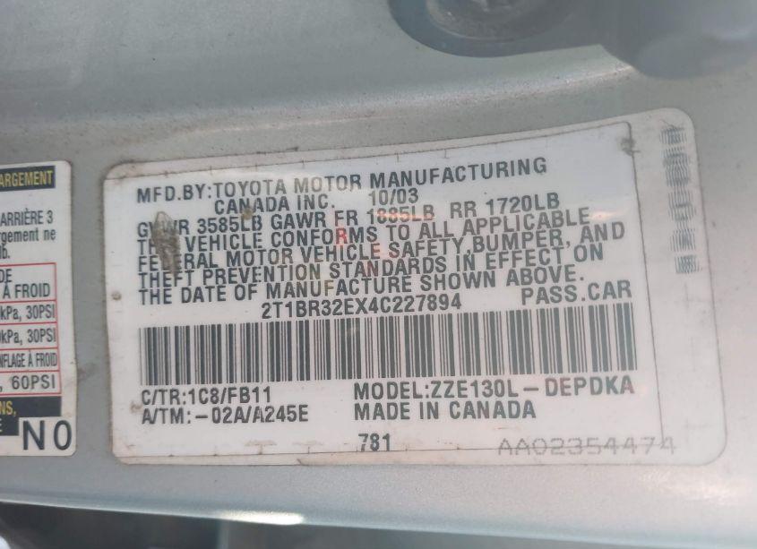 Photo 9 of 2004 Toyota Corolla CE (VIN 2T1BR32EX4C227894)