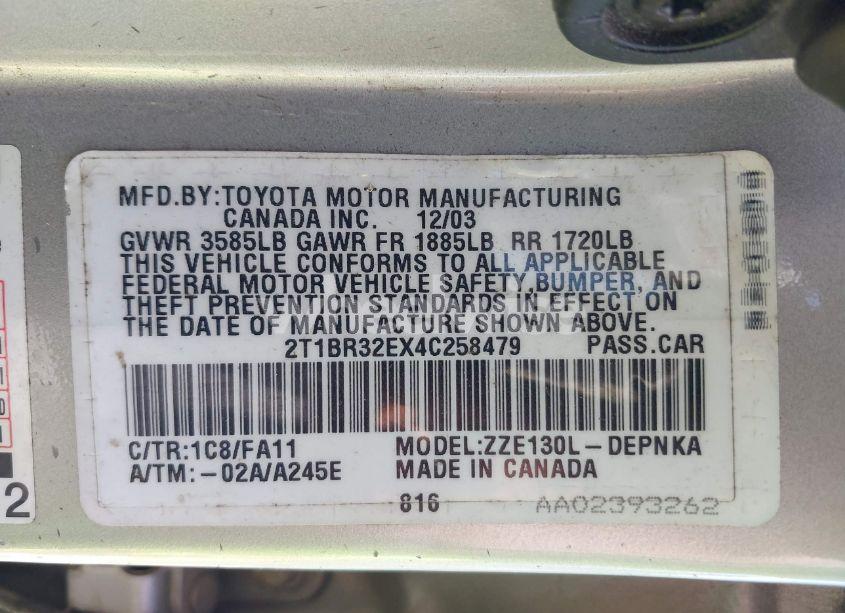 Photo 9 of 2004 Toyota Corolla LE (VIN 2T1BR32EX4C258479)