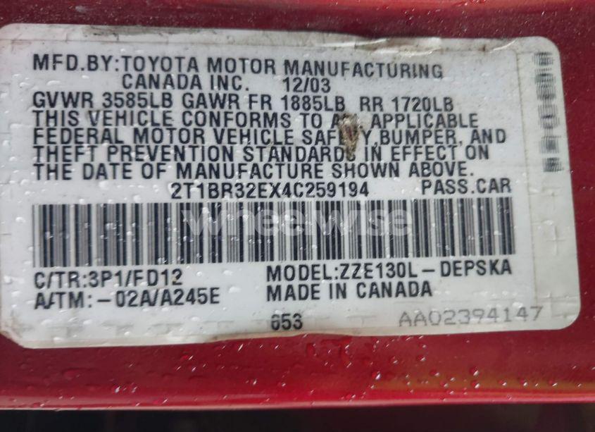 Photo 9 of 2004 Toyota Corolla S (VIN 2T1BR32EX4C259194)