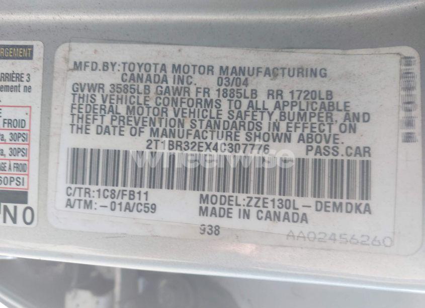 Photo 9 of 2004 Toyota Corolla CE (VIN 2T1BR32EX4C307776)