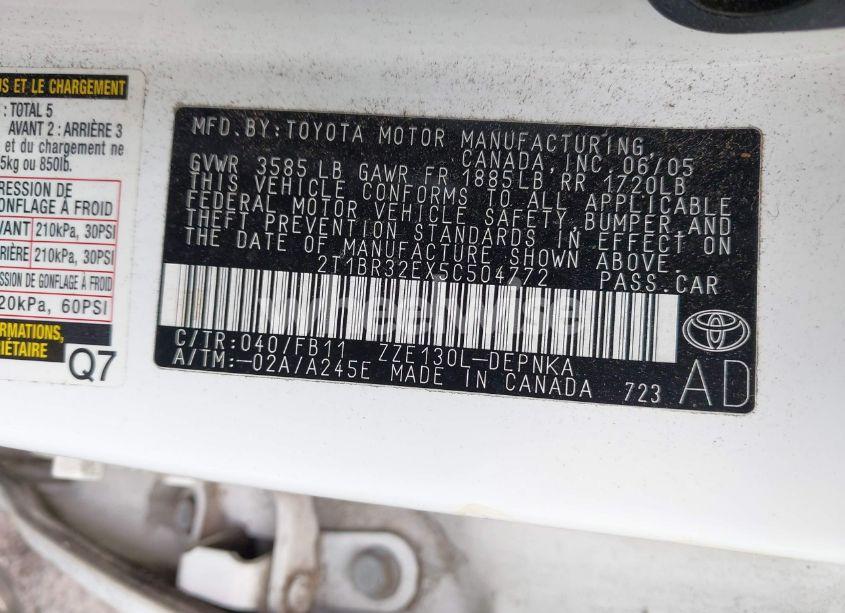 Photo 9 of 2005 Toyota Corolla LE (VIN 2T1BR32EX5C504772)