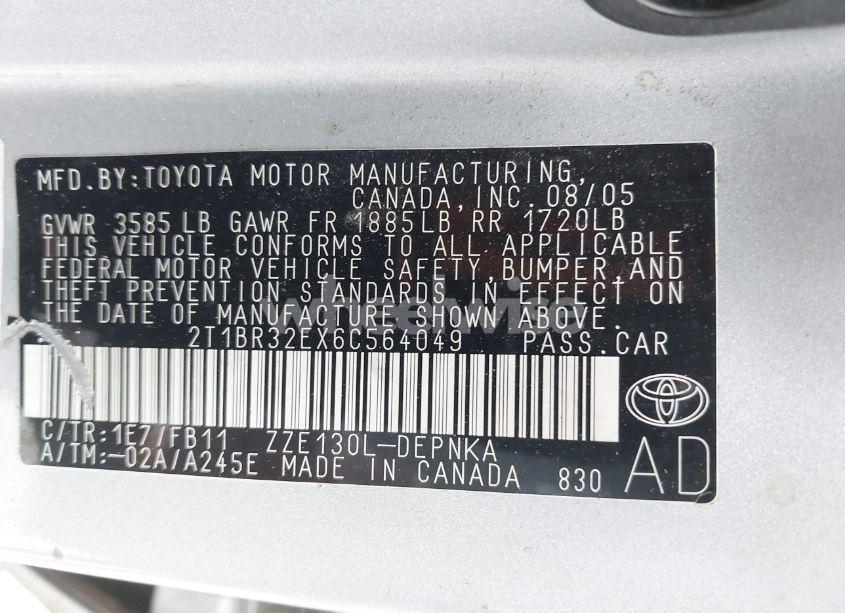 Photo 9 of 2006 Toyota Corolla LE (VIN 2T1BR32EX6C564049)