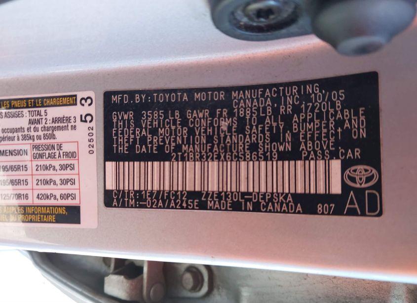 Photo 9 of 2006 Toyota Corolla S (VIN 2T1BR32EX6C586519)