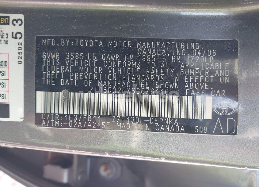 Photo 9 of 2006 Toyota Corolla LE (VIN 2T1BR32EX6C676110)