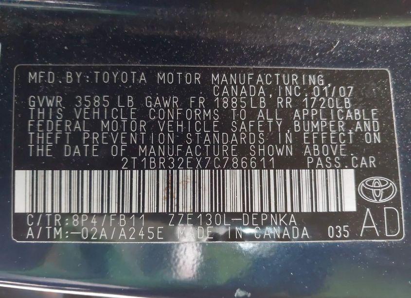 Photo 9 of 2007 Toyota Corolla LE (VIN 2T1BR32EX7C786611)