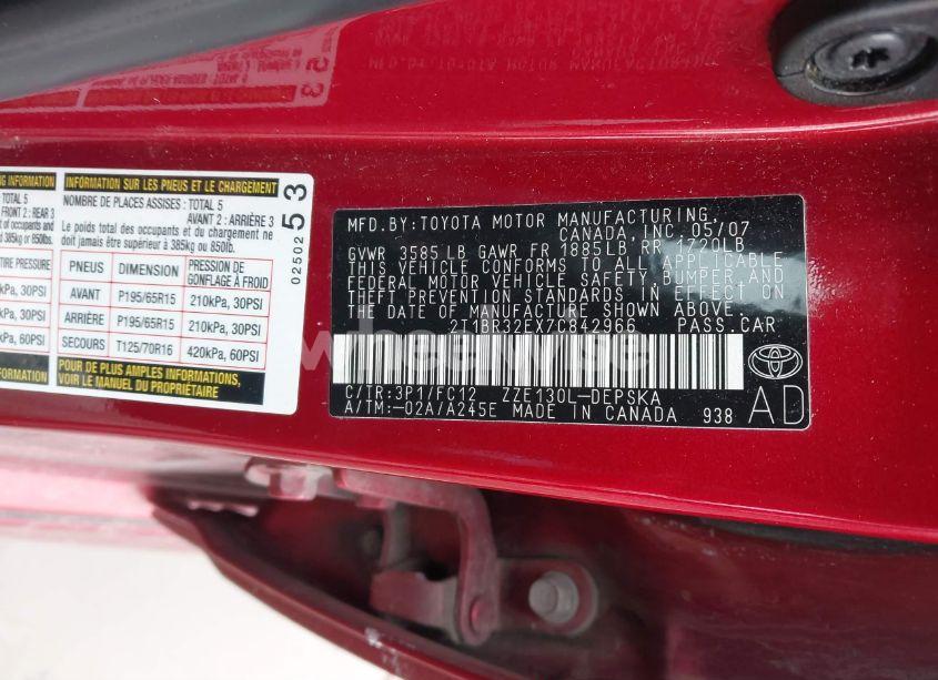 Photo 9 of 2007 Toyota Corolla S (VIN 2T1BR32EX7C842966)