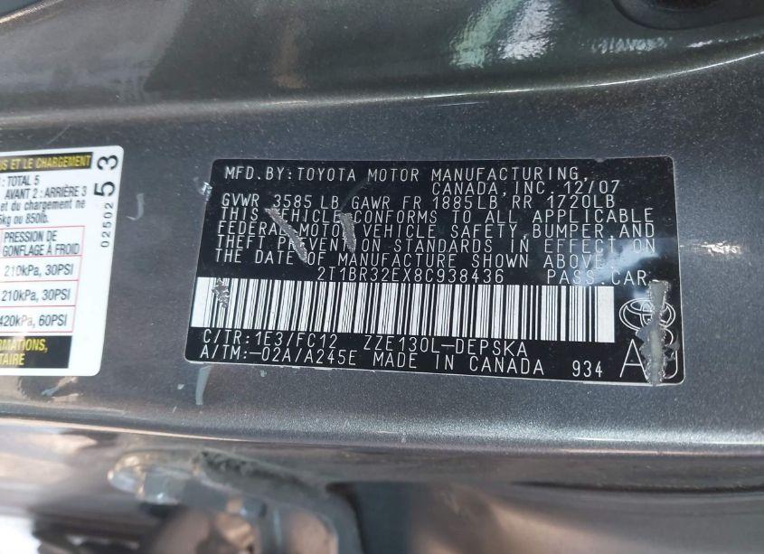 Photo 9 of 2008 Toyota Corolla S (VIN 2T1BR32EX8C938436)