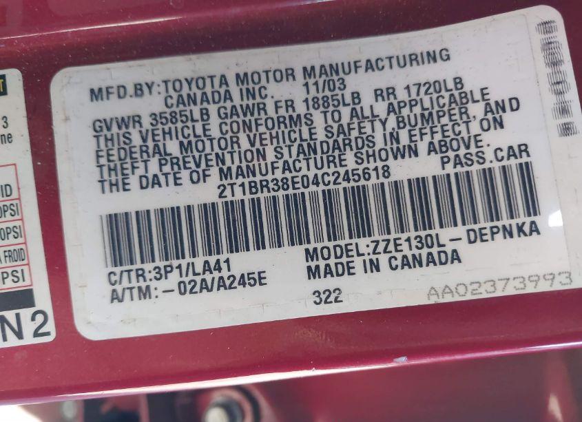 Photo 9 of 2004 Toyota Corolla LE (VIN 2T1BR38E04C245618)