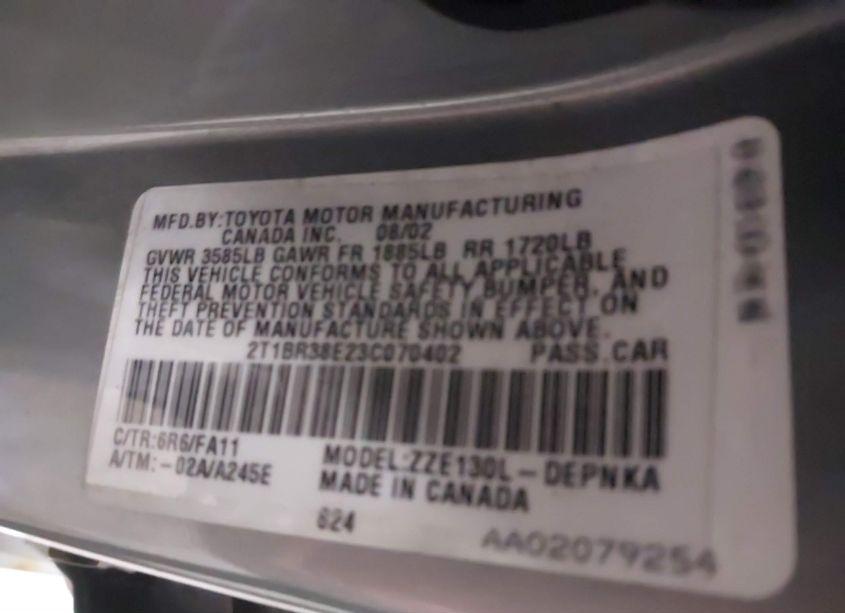 Photo 9 of 2003 Toyota Corolla LE (VIN 2T1BR38E23C070402)